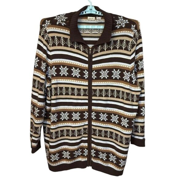 Cherokee Plus Sz. 3X Full Zip Cardigan Brown/Tan Collar Snowflake - Picture 1 of 6